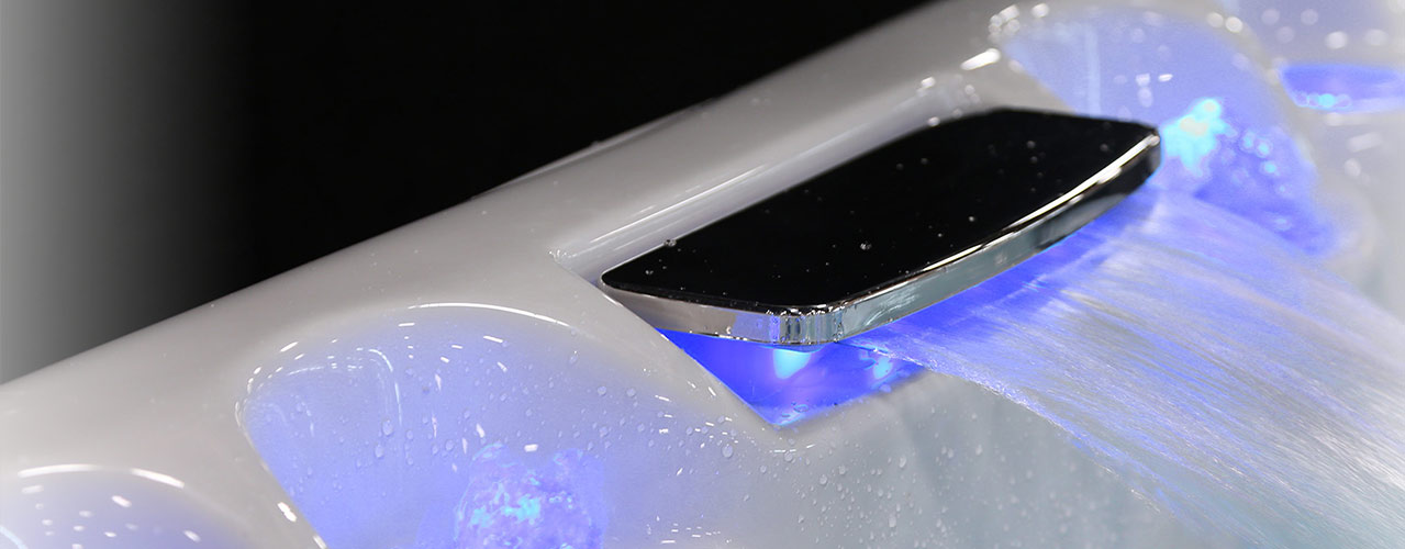 Lit led waterfall feature on hot tubs